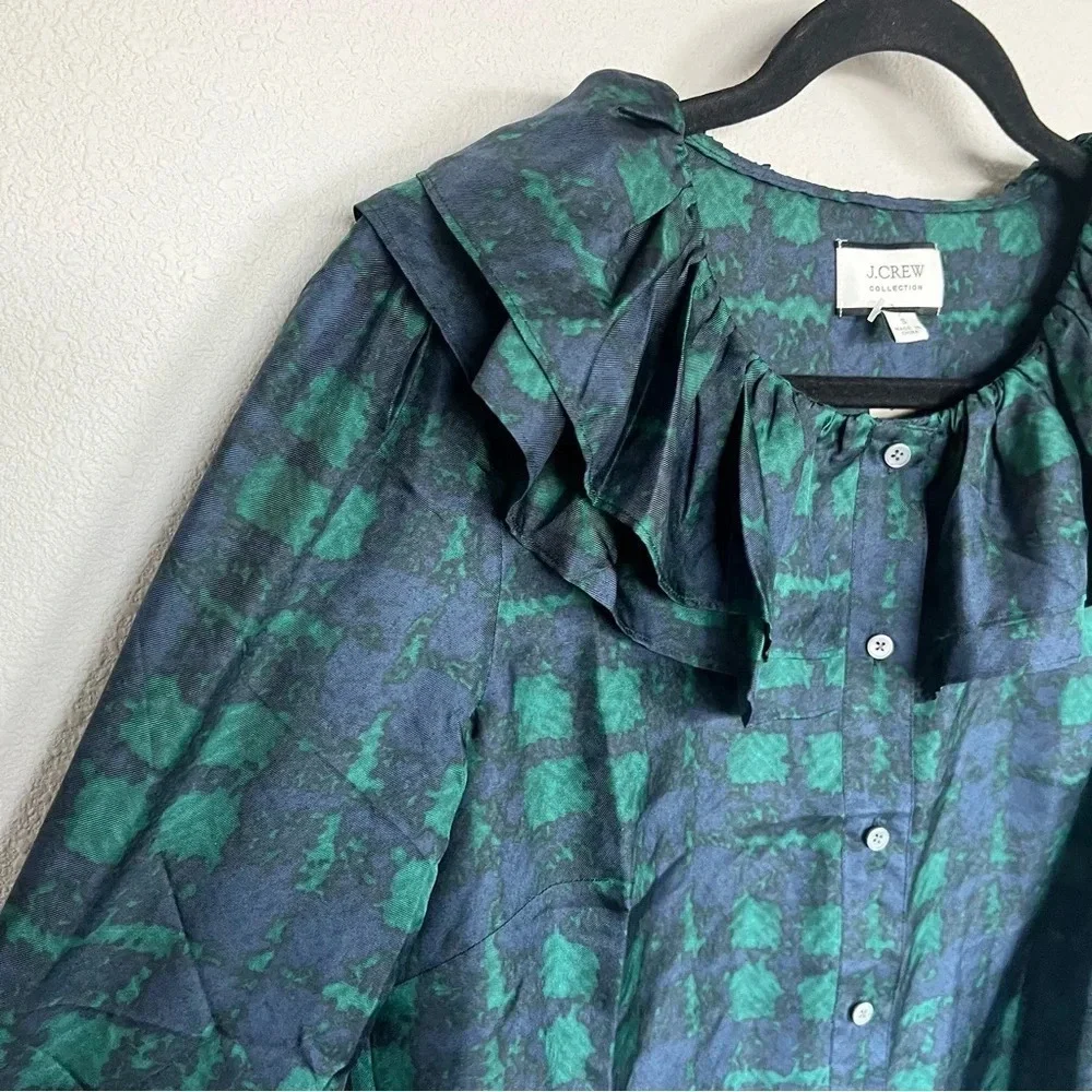 New J. Crew Collection Silk Twill Ruffle-collar Blouse Top Plaid Green Blue NWT